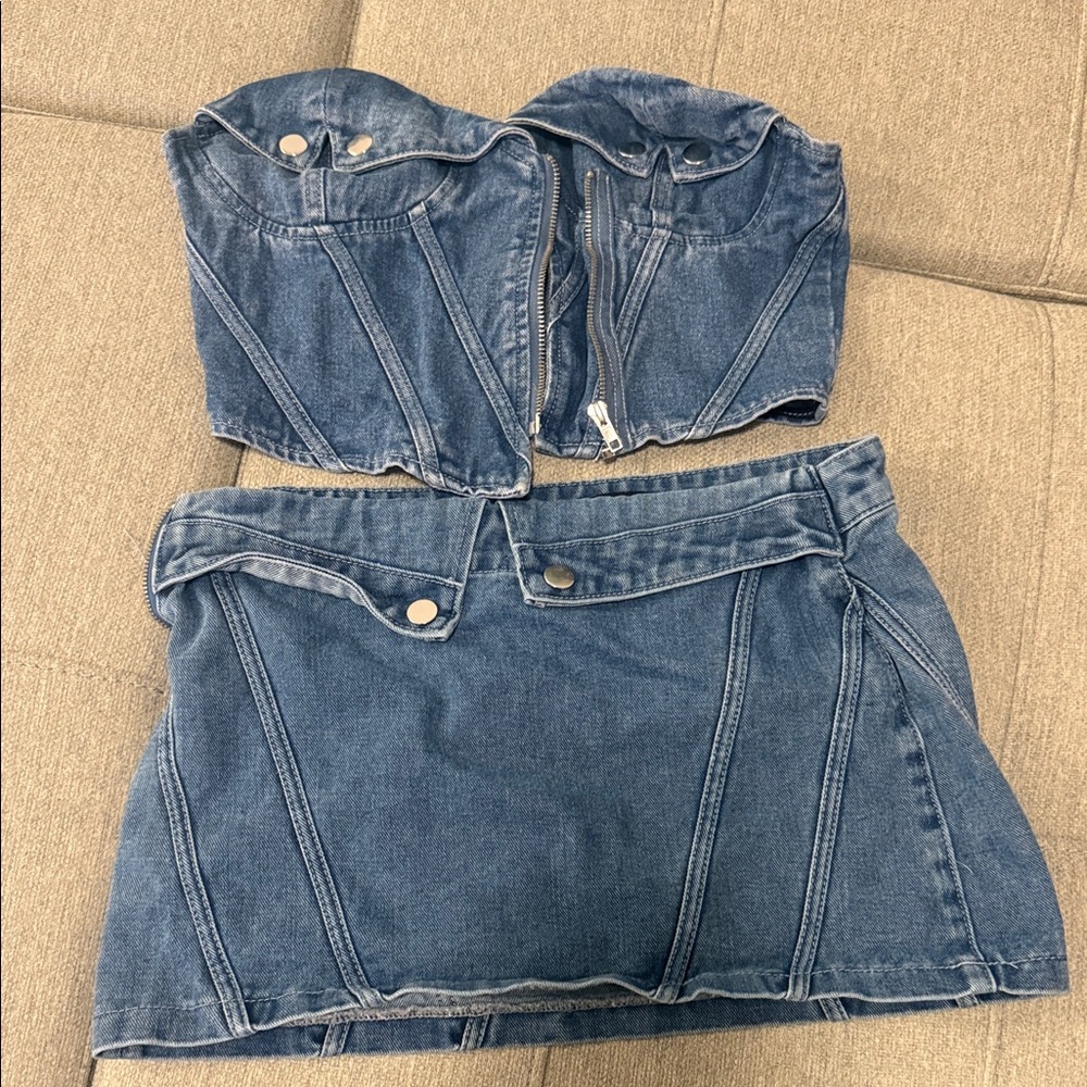 PrettyLittleThing Blue Denim Skirt Set
